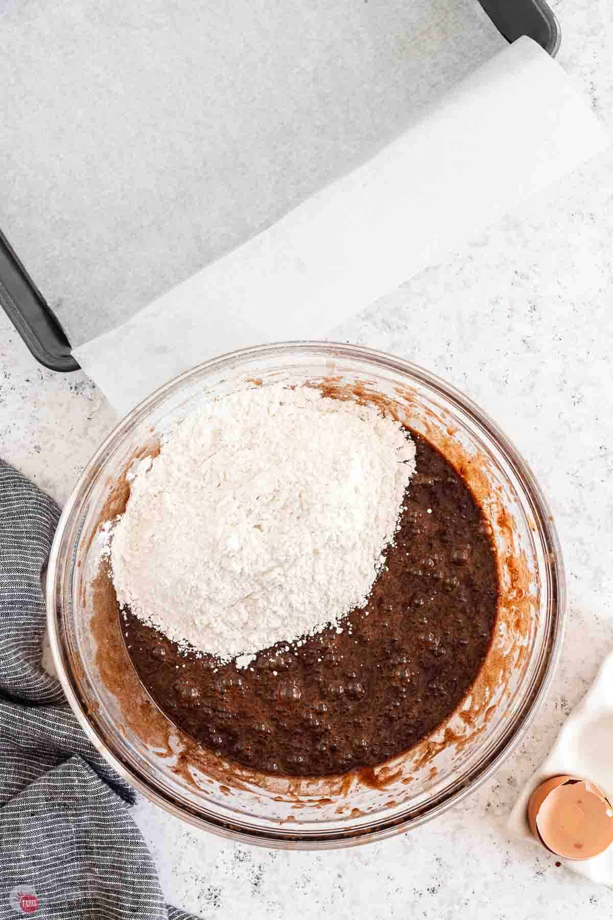 brownie mix with flour on top