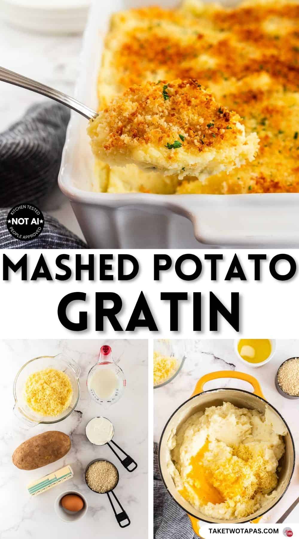Pinterest pin image for a mashed potato gratin recipe
