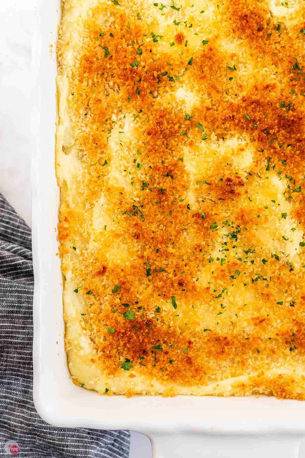 close up of baked casserole with breadcrumb topping