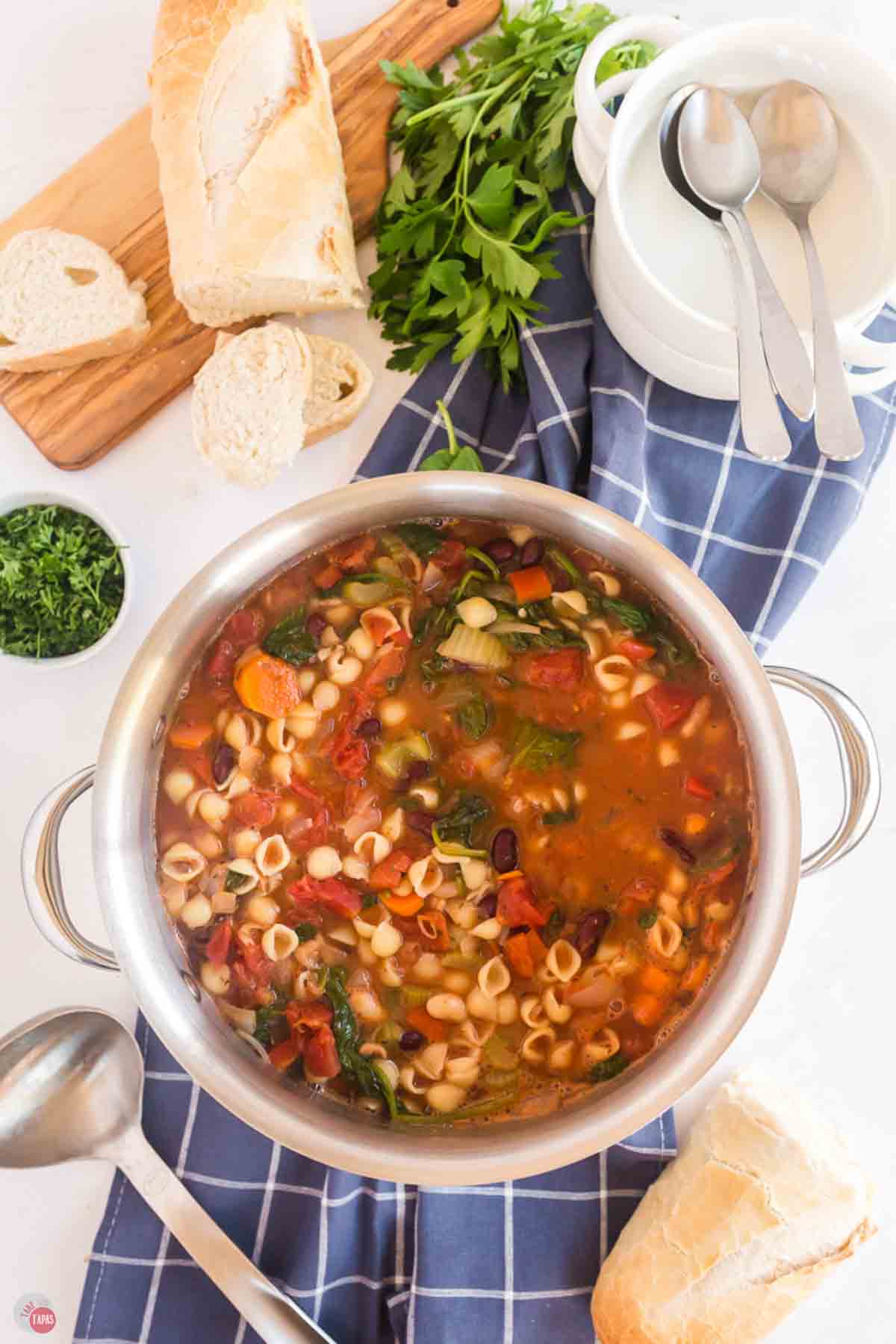 silver pot of minestrone soup