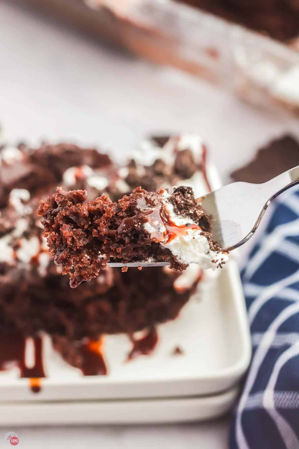fork with bite of cake on it, hovering over a white plate