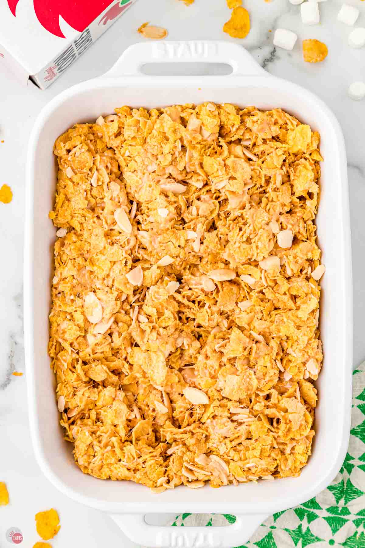 cornflakes and melted marshmallows pressed into a casserole dish