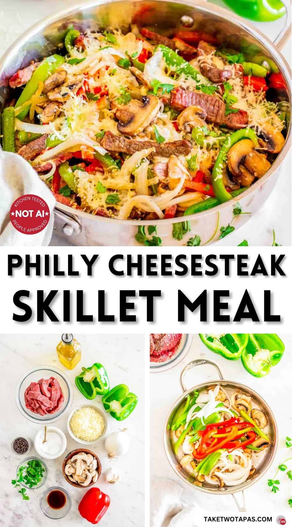 Pinterest pin image for a philly cheesesteak skillet recipe