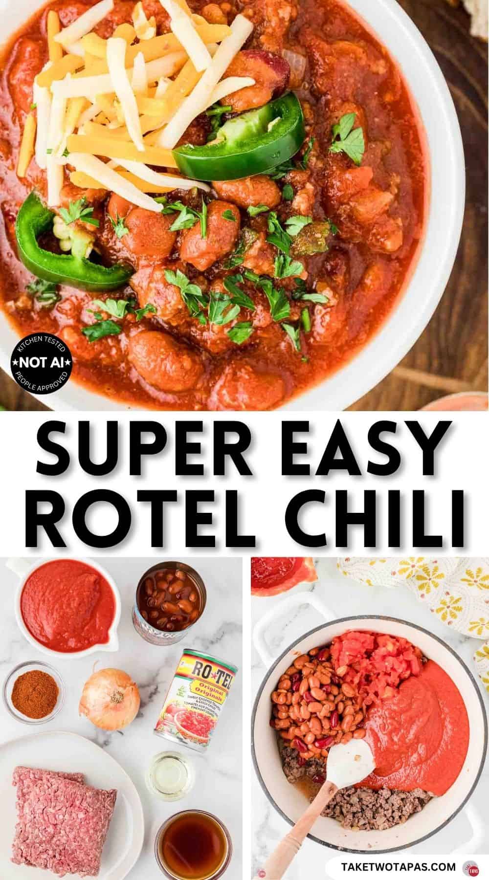 Pinterest pin image for a rotel chili recipe