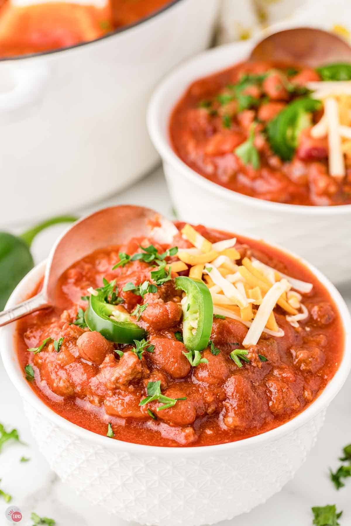 bowl of rotel chili with a spoon