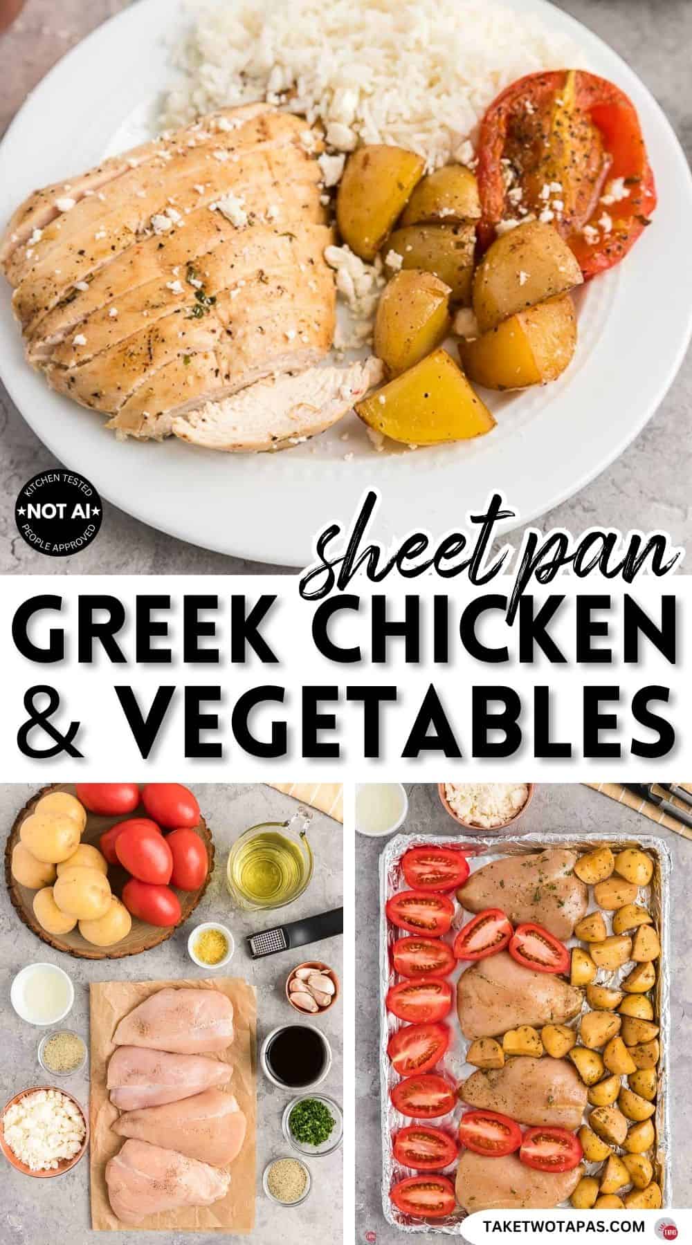 Pinterest pin image for a baked sheet pan greek chicken and vegetables recipe