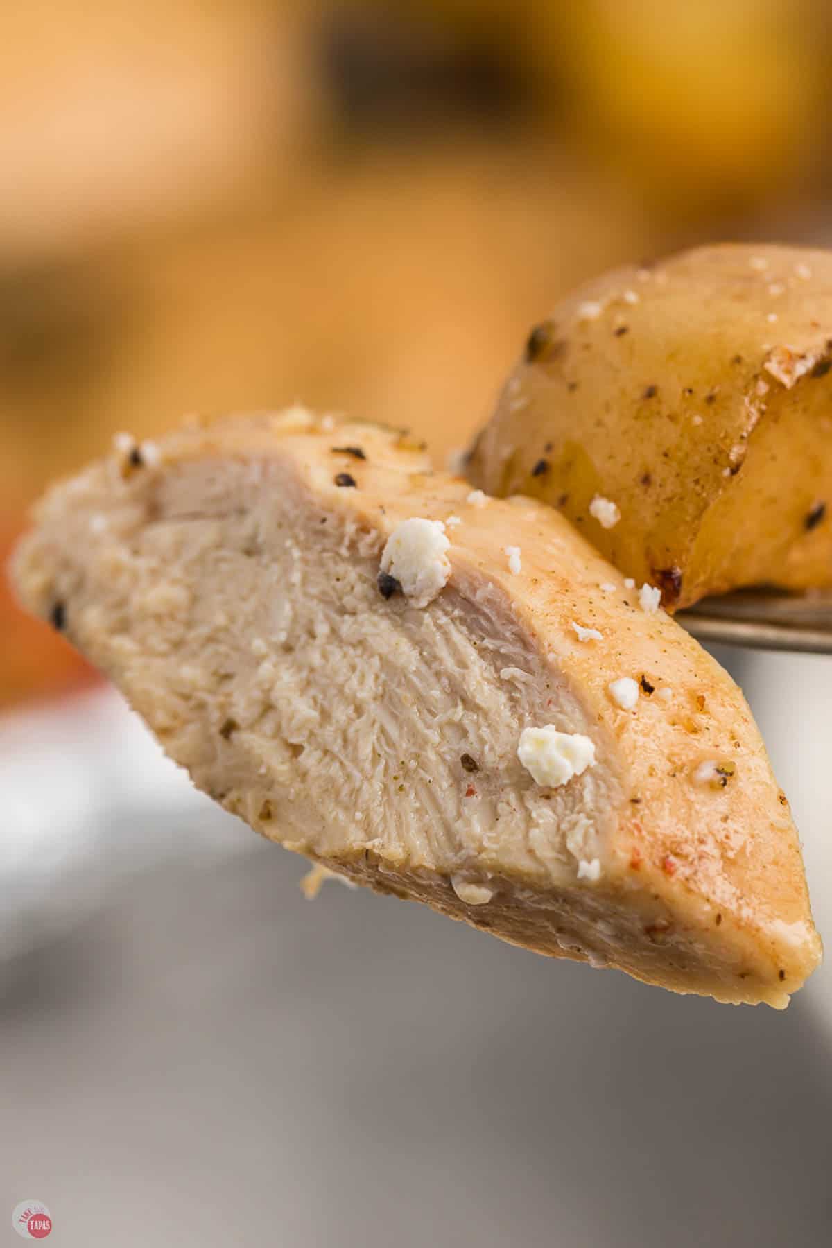 fork with a slice of chicken on it
