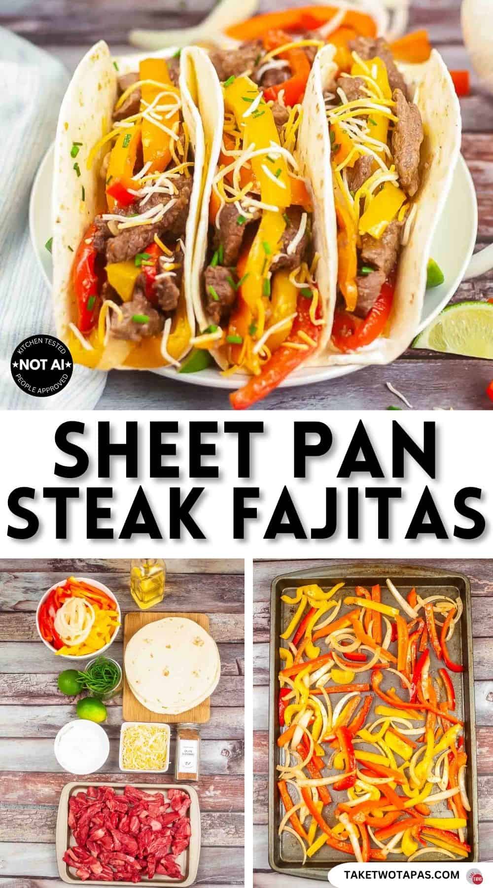 Pinterest pin image for a sheet pan steak fajitas recipe