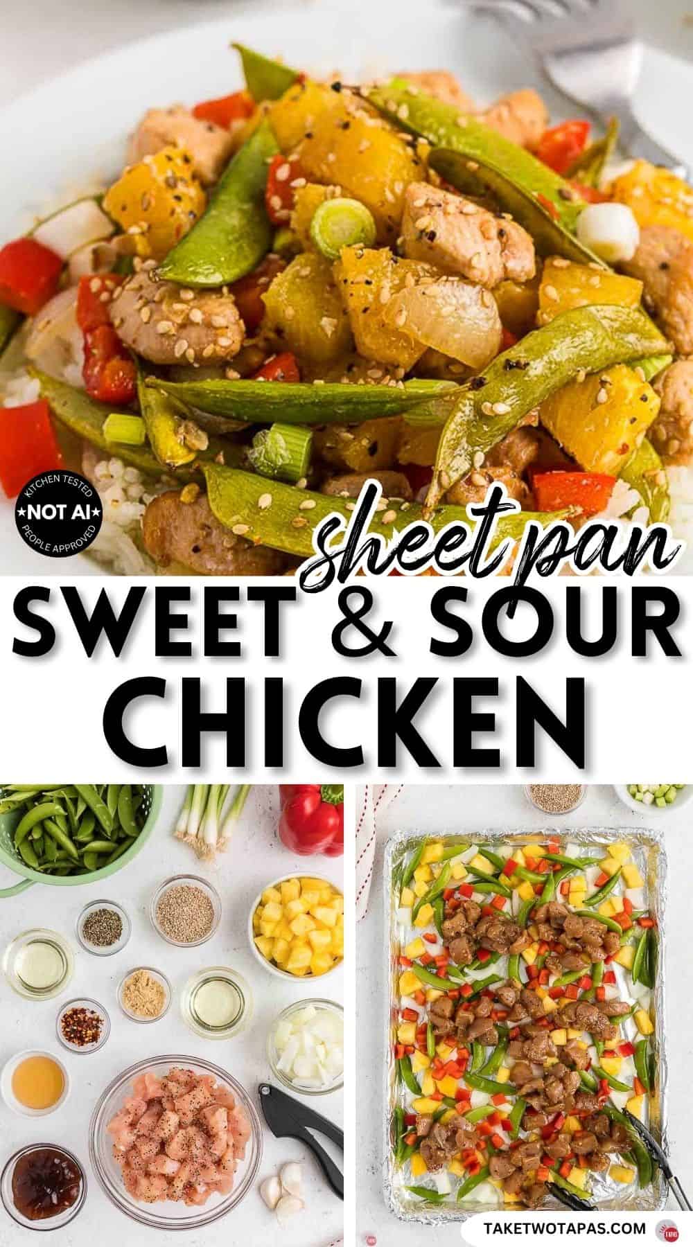 Pinterest pin image for a sheet pan sweet and sour chicken recipe