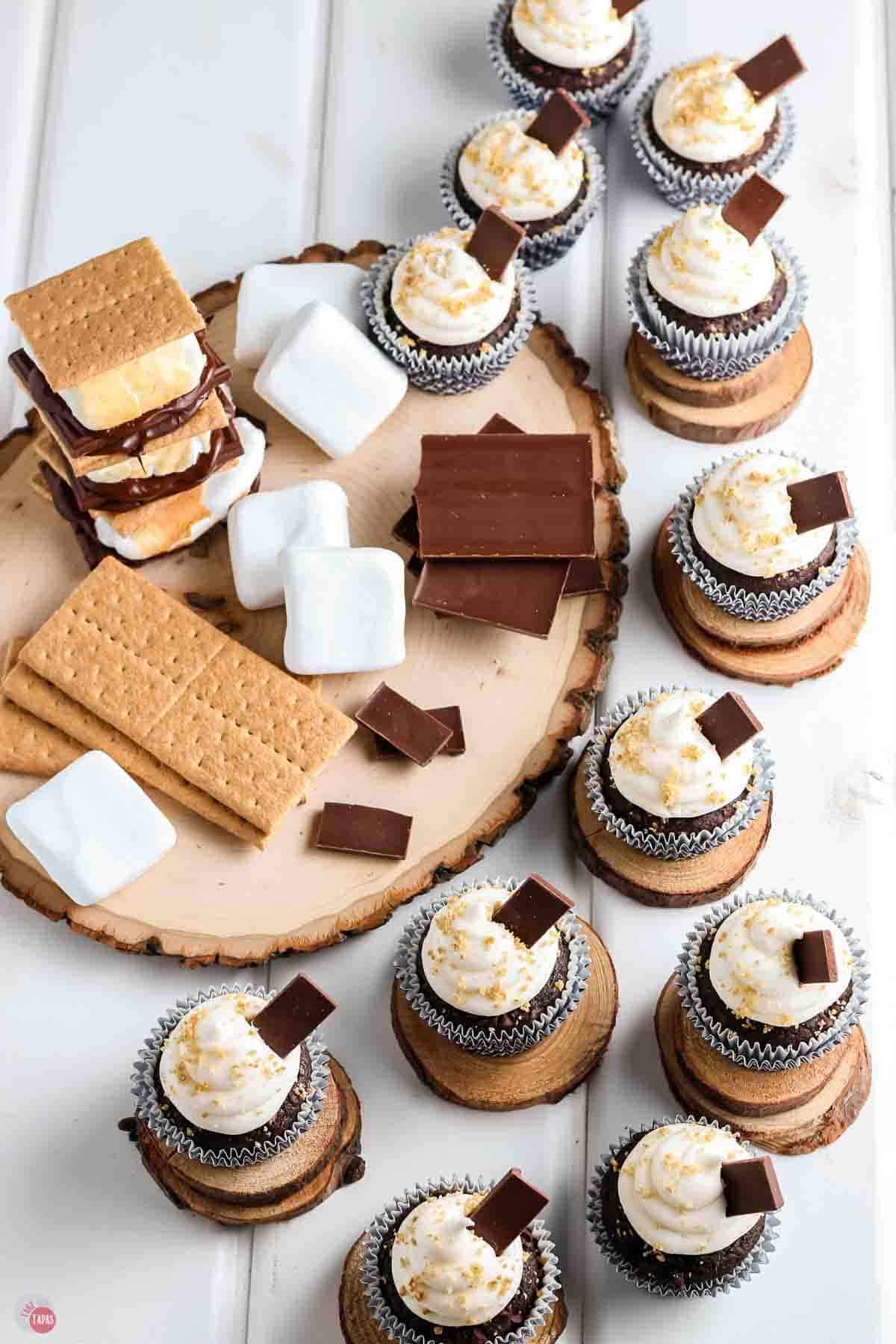 overhead pics of smores cupcakes next to a wood board covered with smores