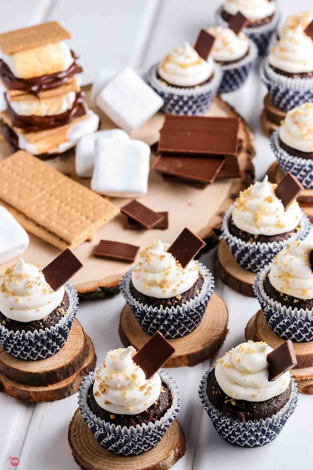 multiple cupcakes on small wood circles