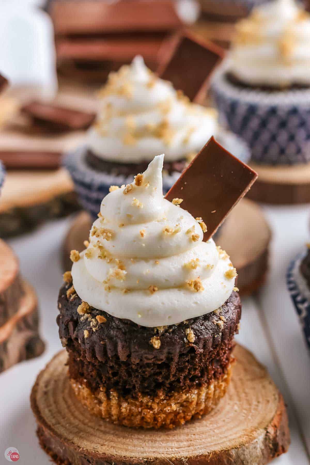 chocolate cupcake with graham cracker crust and marshmallow frosting