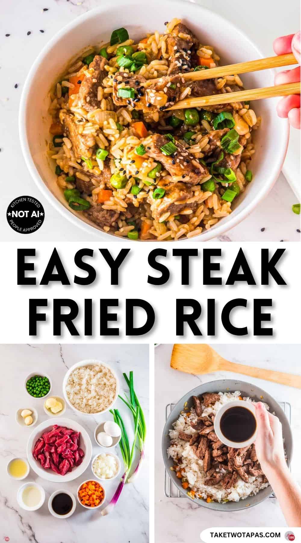 Pinterest pin image for an easy steak fried rice recipe
