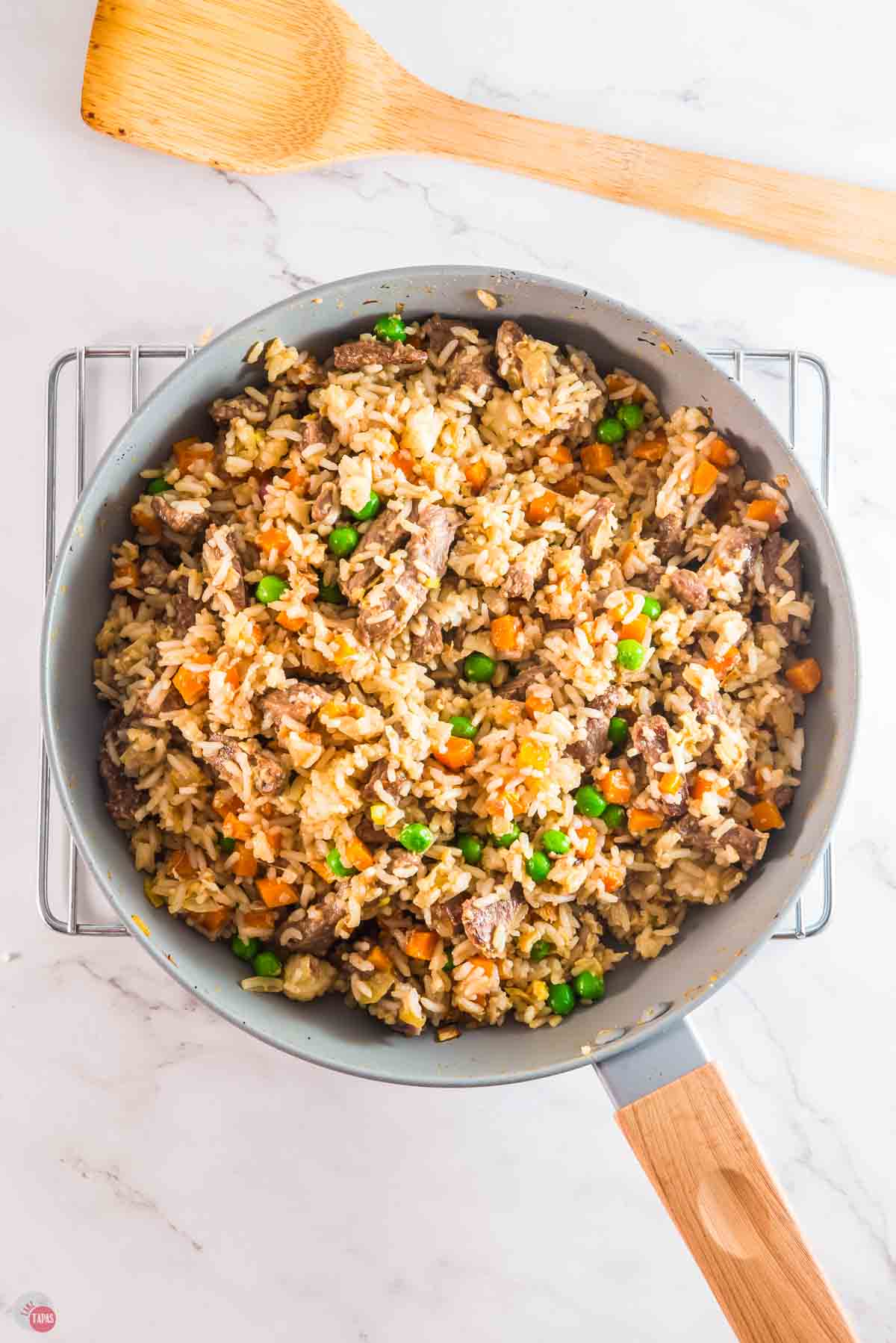 steak fried rice in a skillet