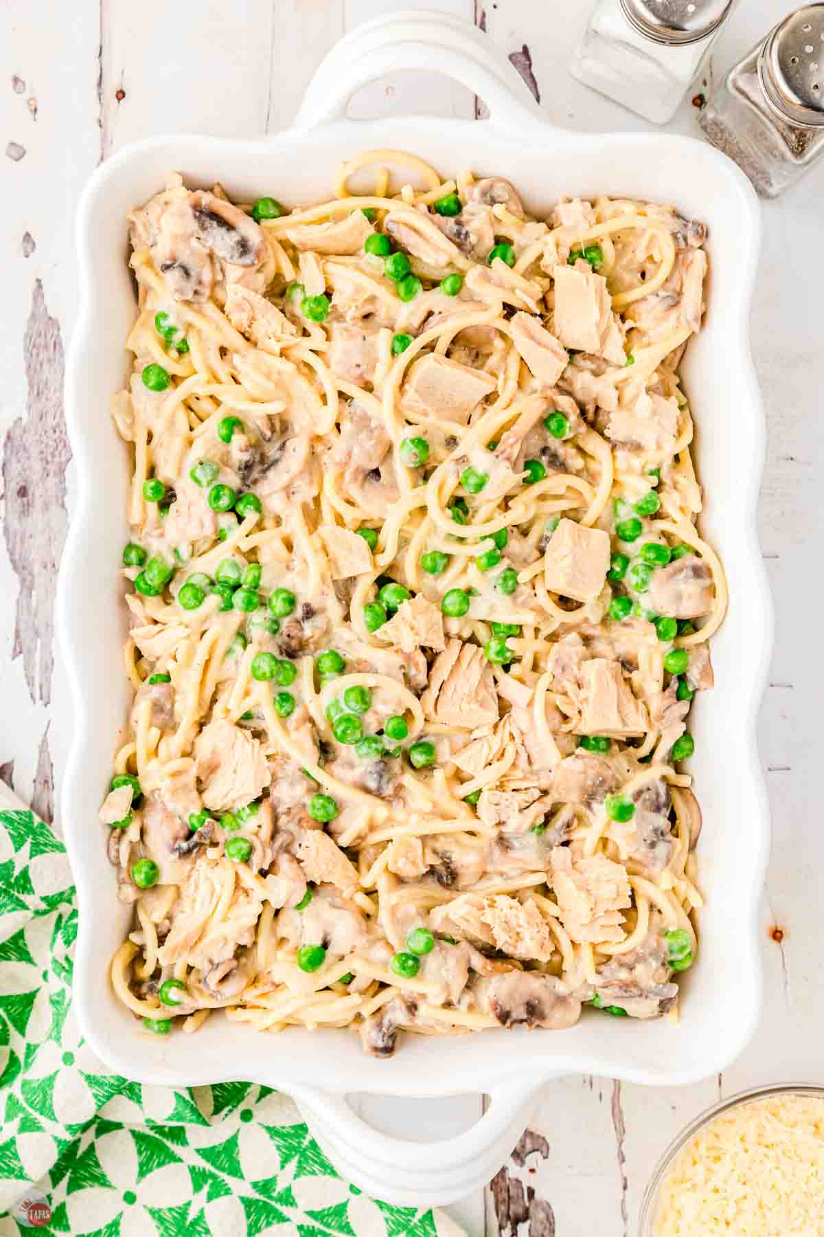 tuna tetrazzini in a white casserole dish