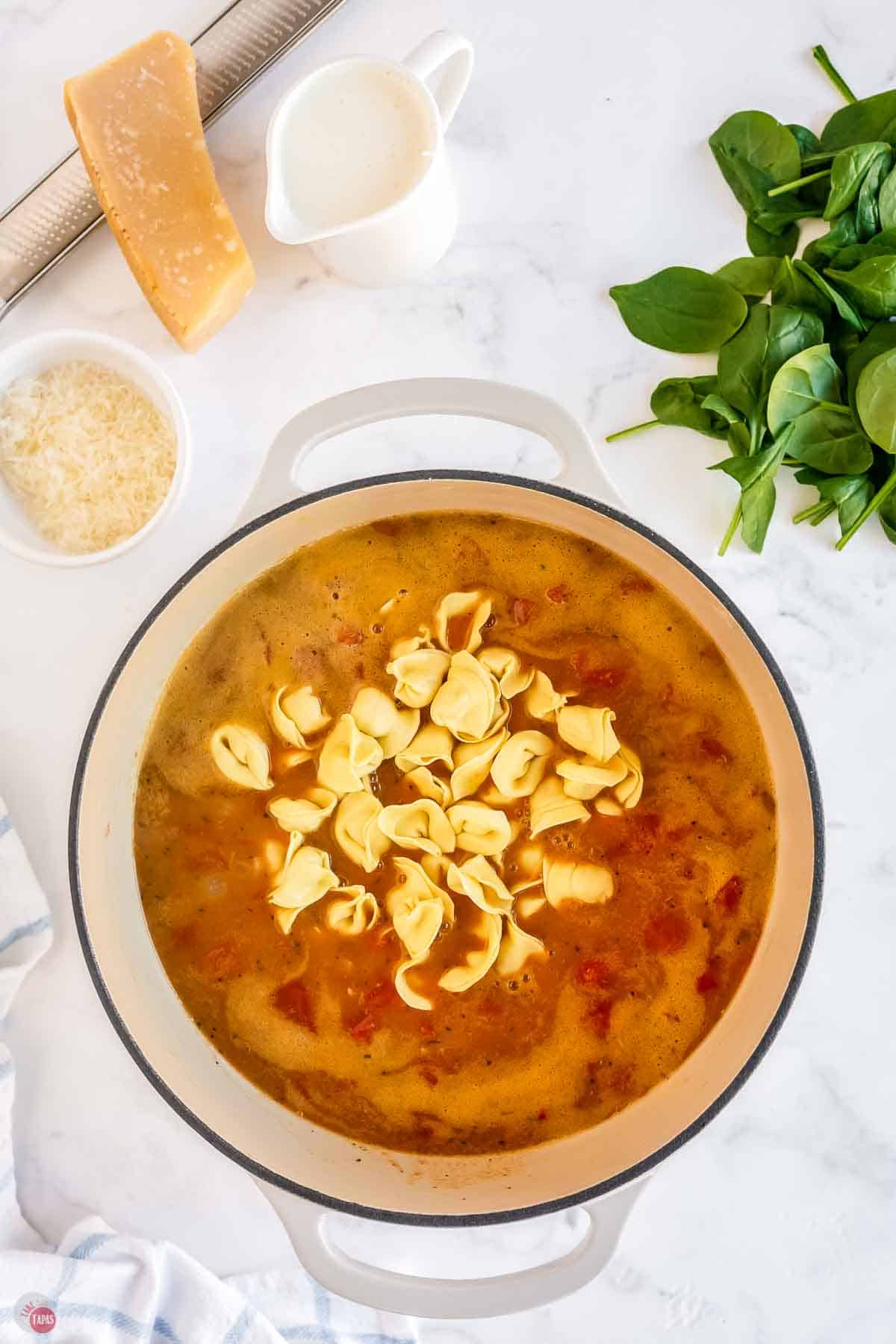 soup pot full of broth and tomatoes and a pile of cheese tortellini on top