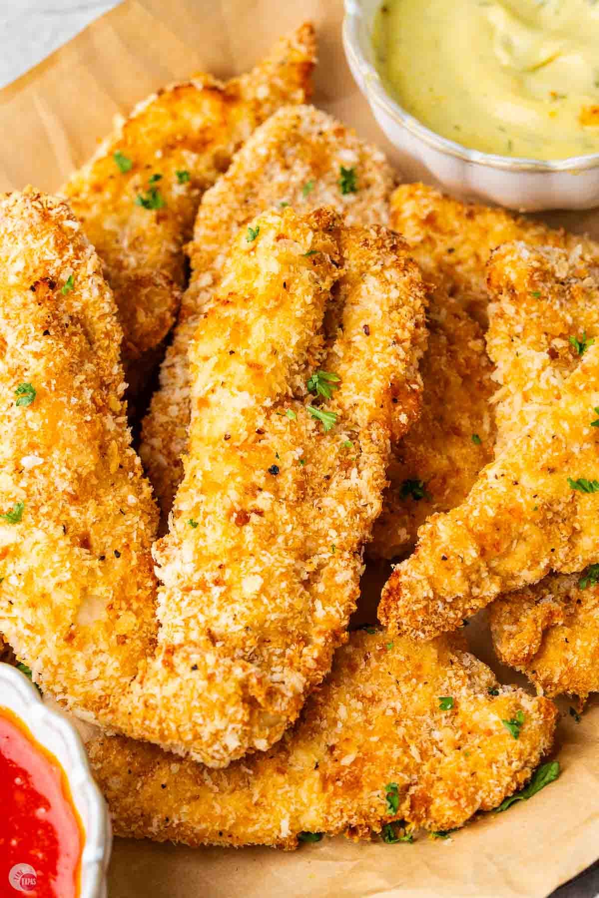 close up of air fryer chicken tenders on a plate