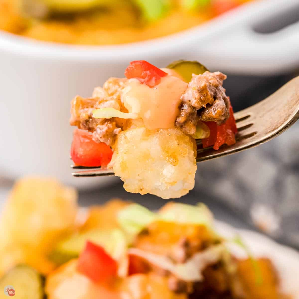 fork with bite of casserole