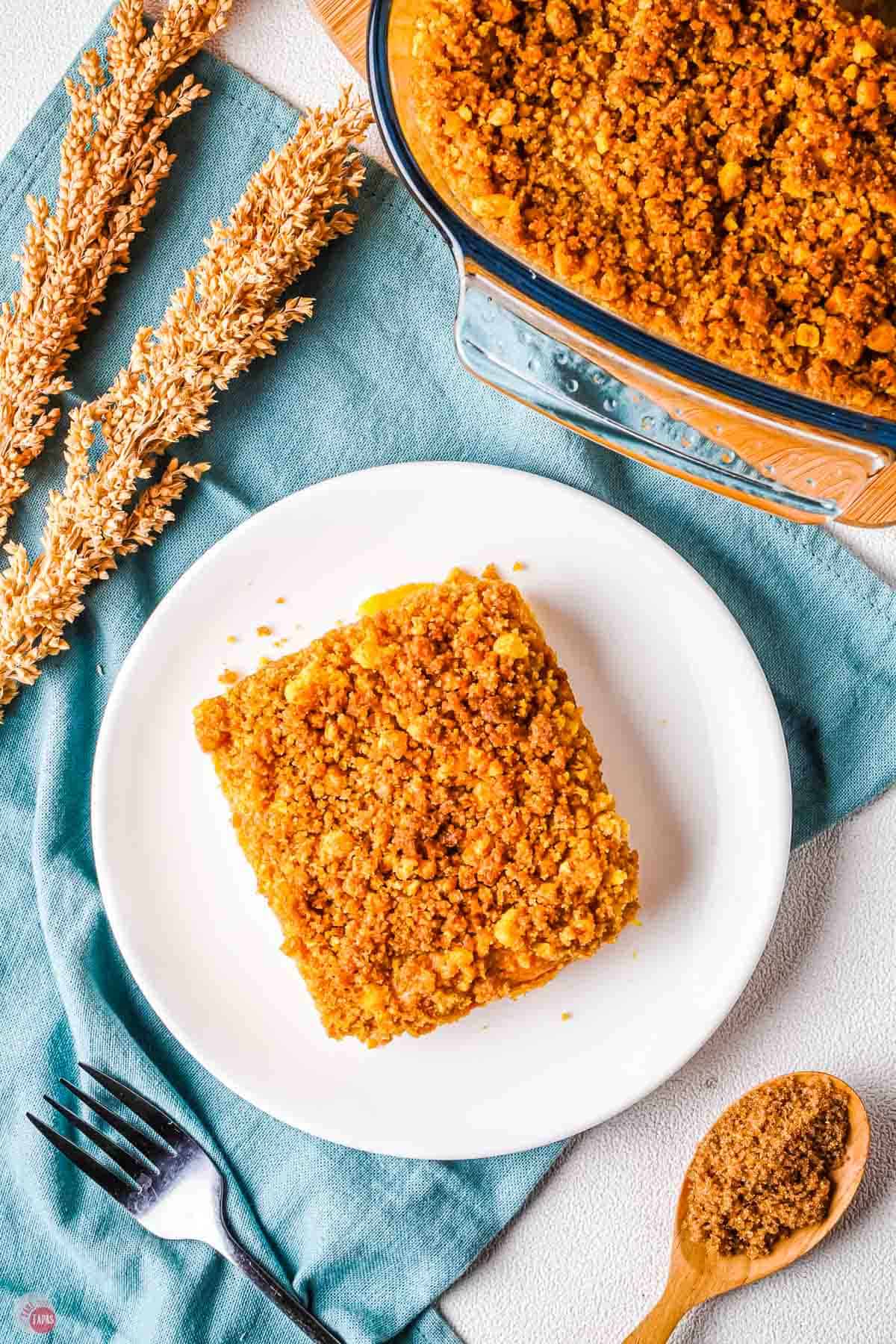 overhead picture of plate of sweet potato casserole