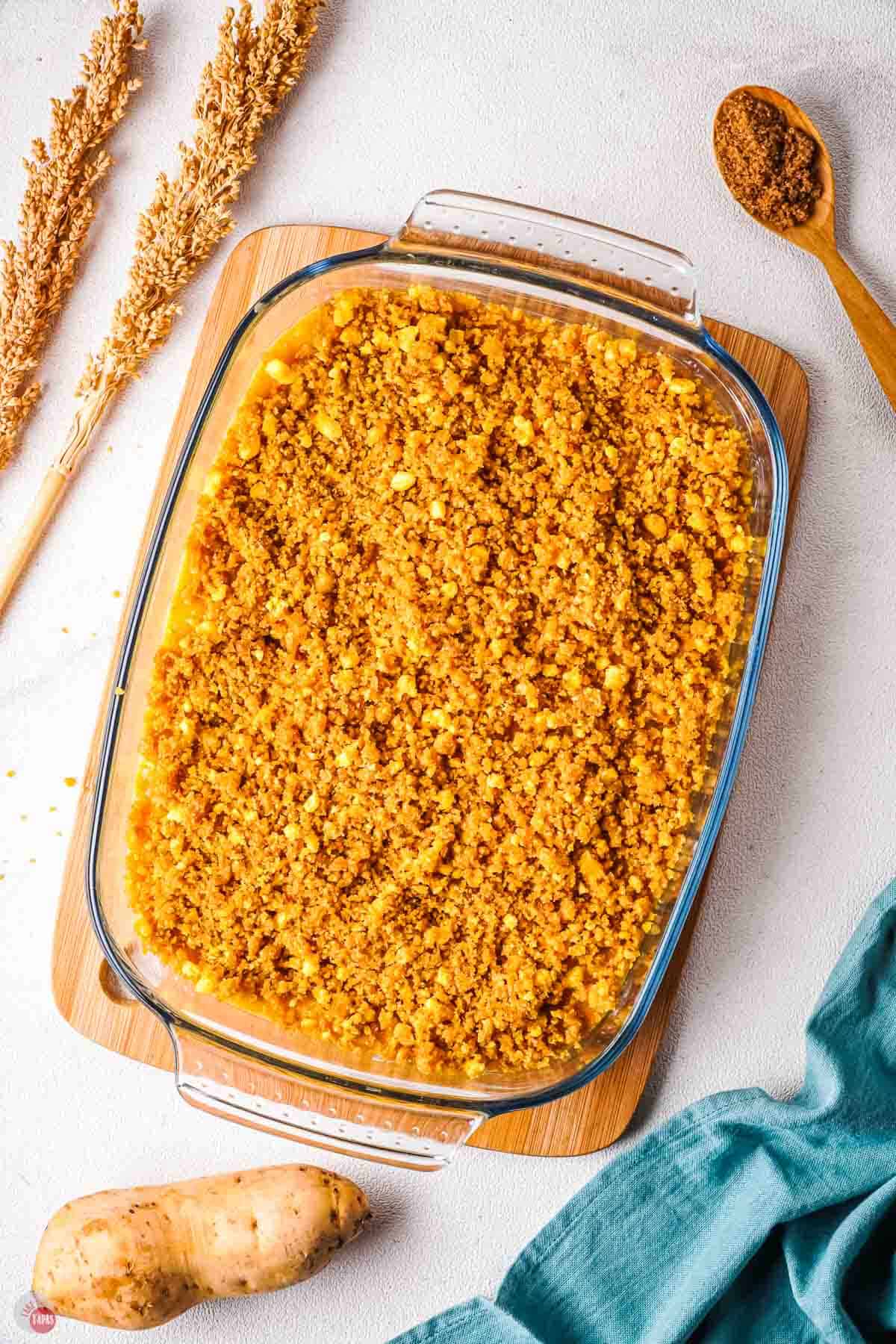 unbaked sweet potato casserole with crushed cereal topping