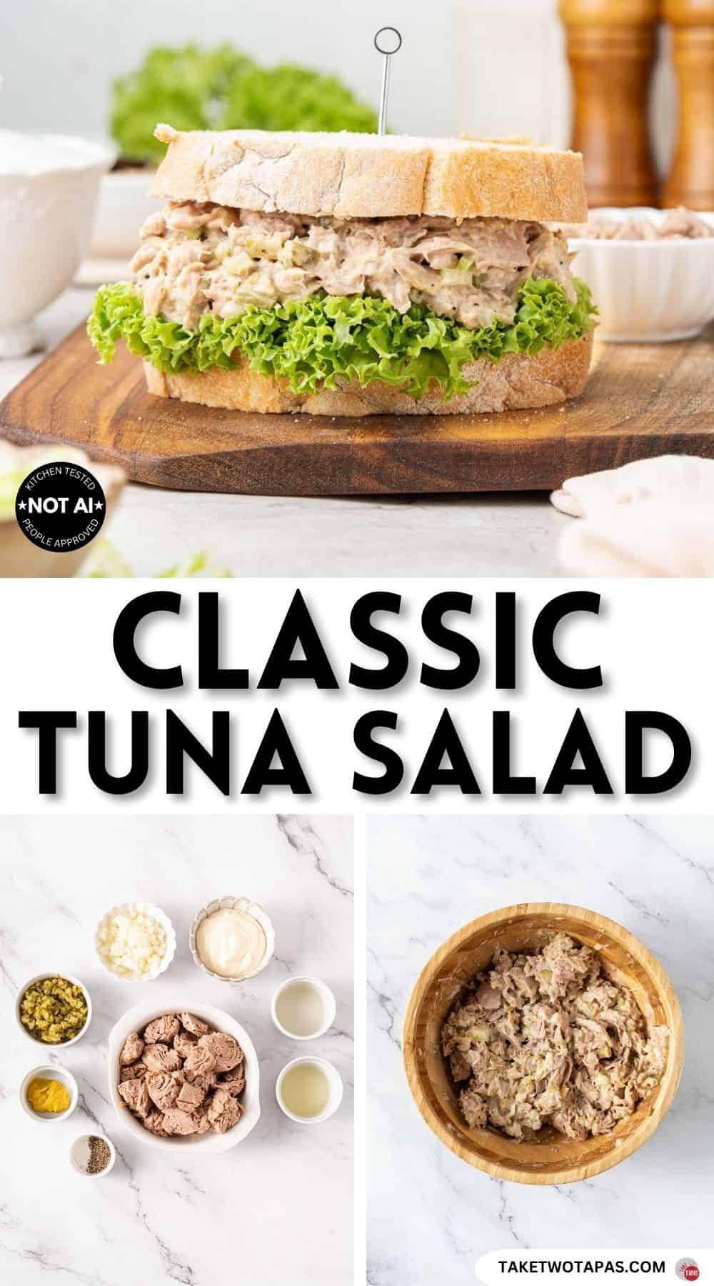 Pinterest pin image for a classic tuna salad sandwich recipe
