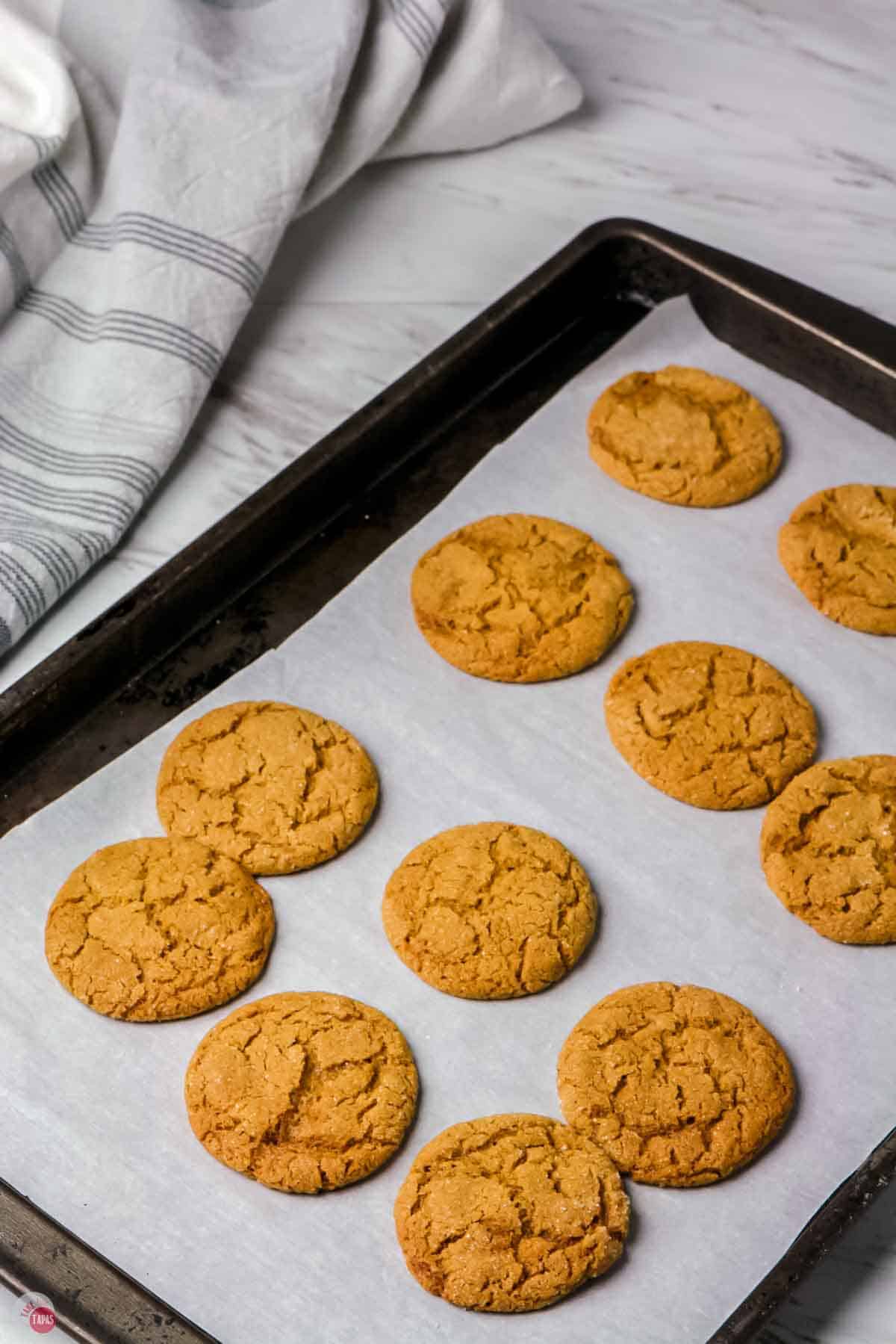 baked ginger molasses cookies on a baking sheet with parchment paper