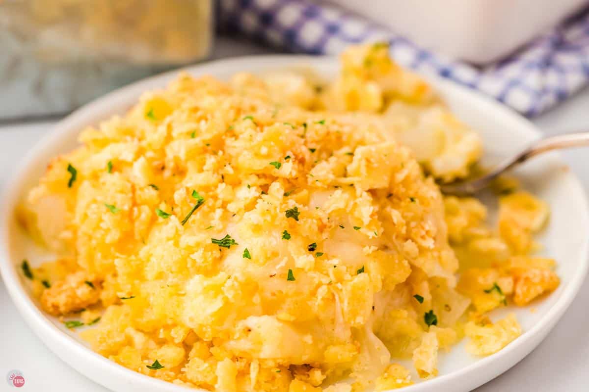close up of cracker topped onions on a white plate