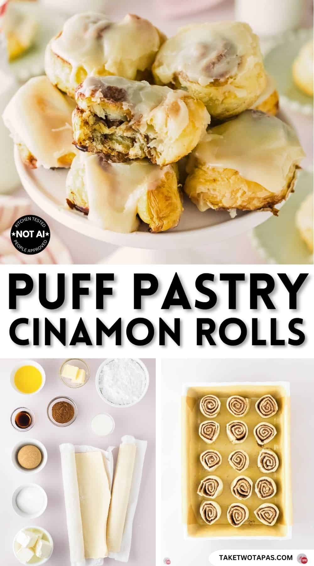 Pinterest pin image for a puff pastry cinnamon rolls recipe
