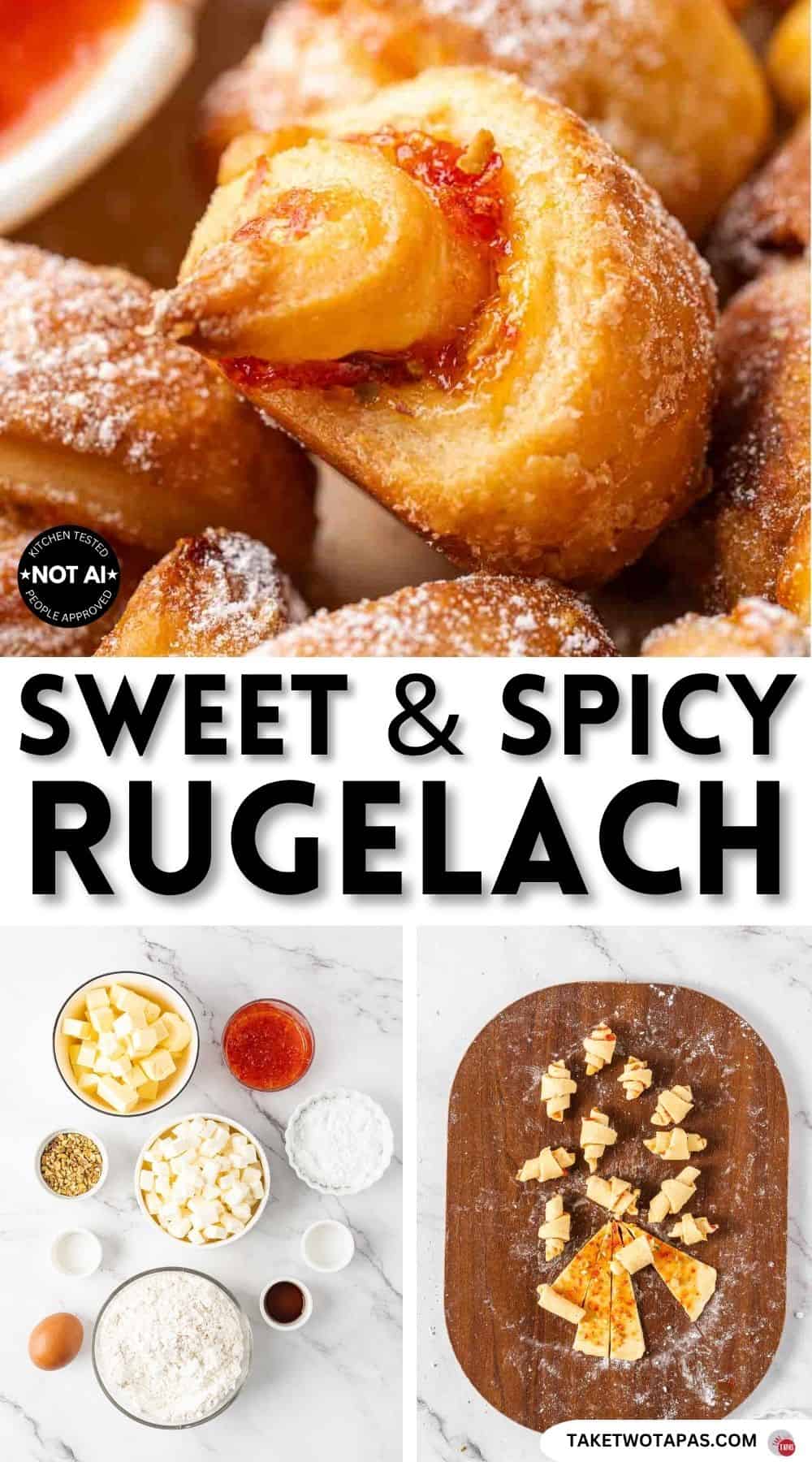 Pinterest pin image for a sweet and spicy rugelach cookie recipe