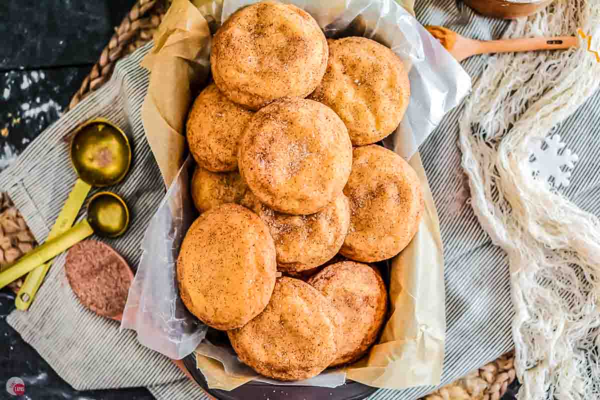 overhead picture of snickerdoodles in a tray