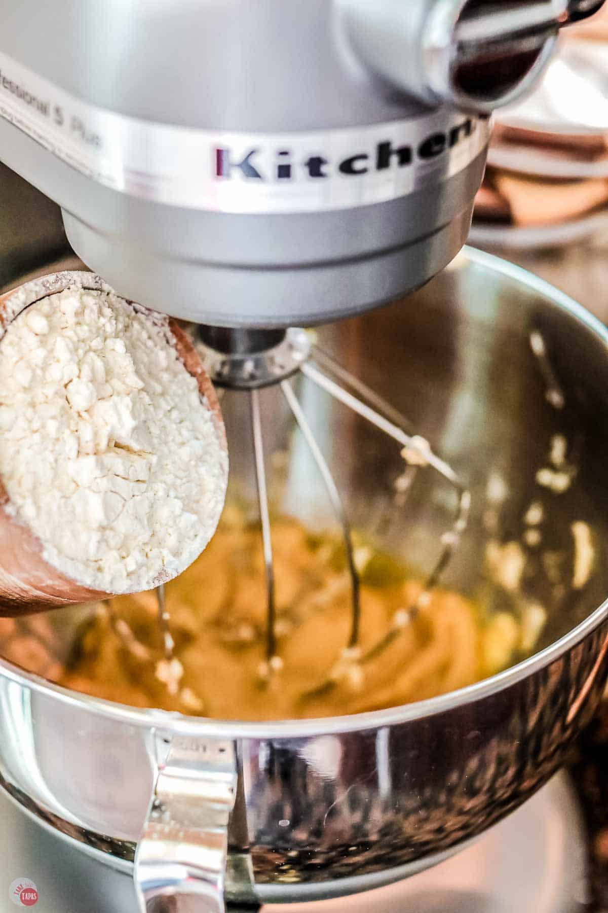 mixer with flour being added