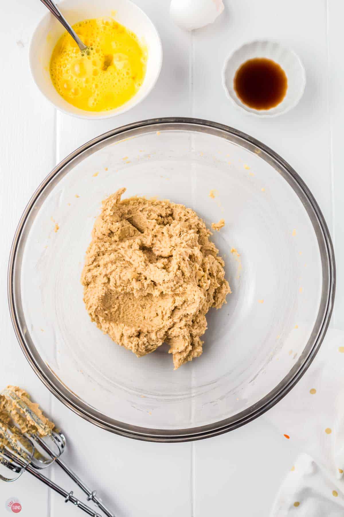 brown sugar butter mixture in a clear mixing bowl