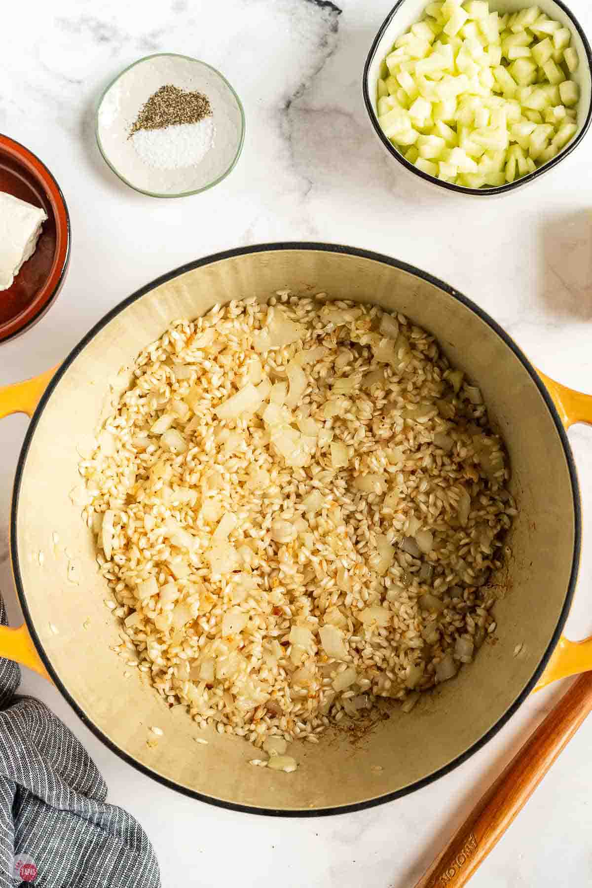 Arborio rice toasting in the pot