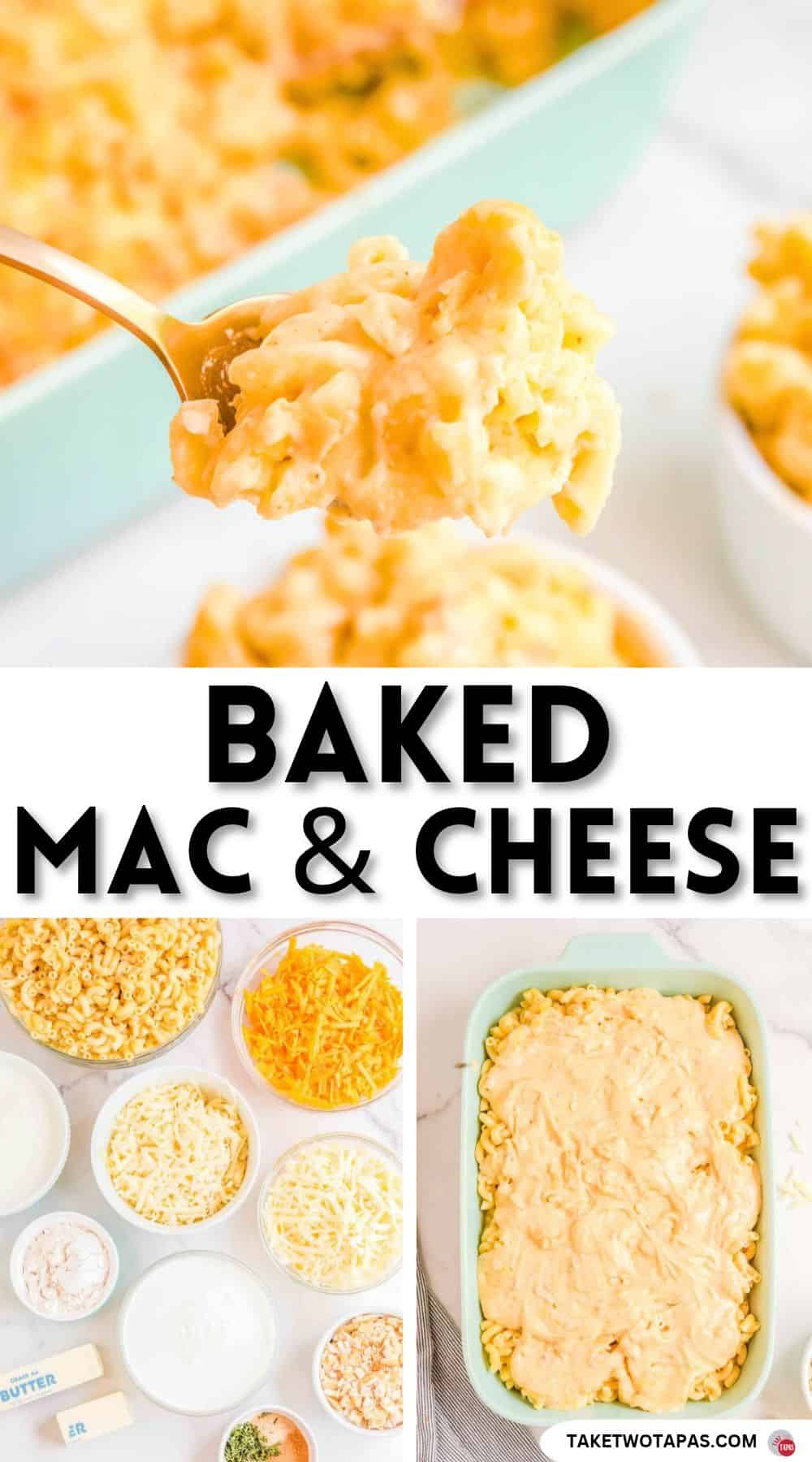 Pinterest pin image for a baked mac and cheese recipe