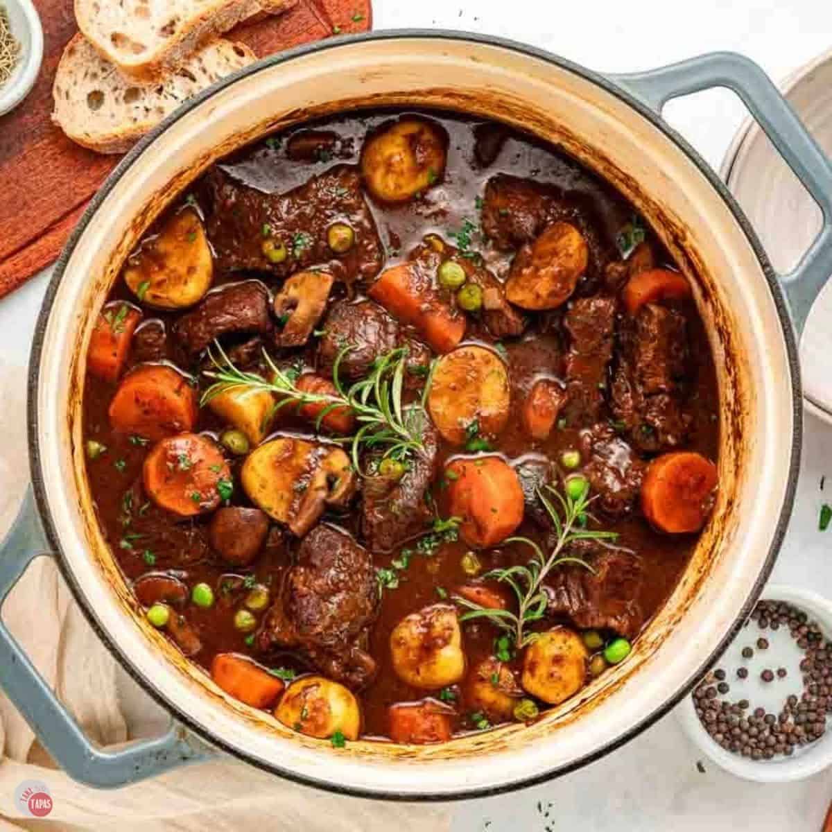 pot of beef stew with red wine and carrots