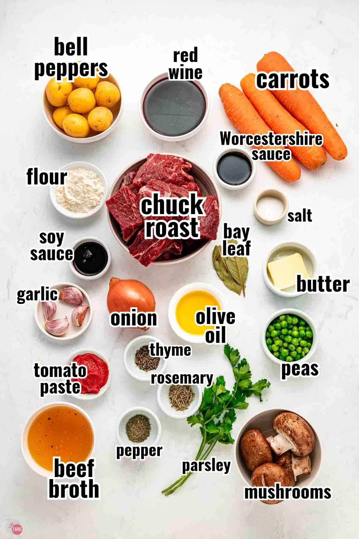 individual ingredients for a beef stew recipe with text overlay labeling them
