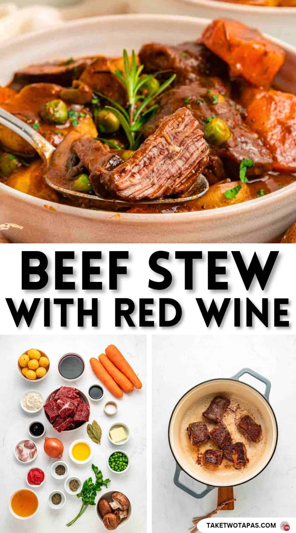 Pinterest pin image for a beef stew with red wine recipe