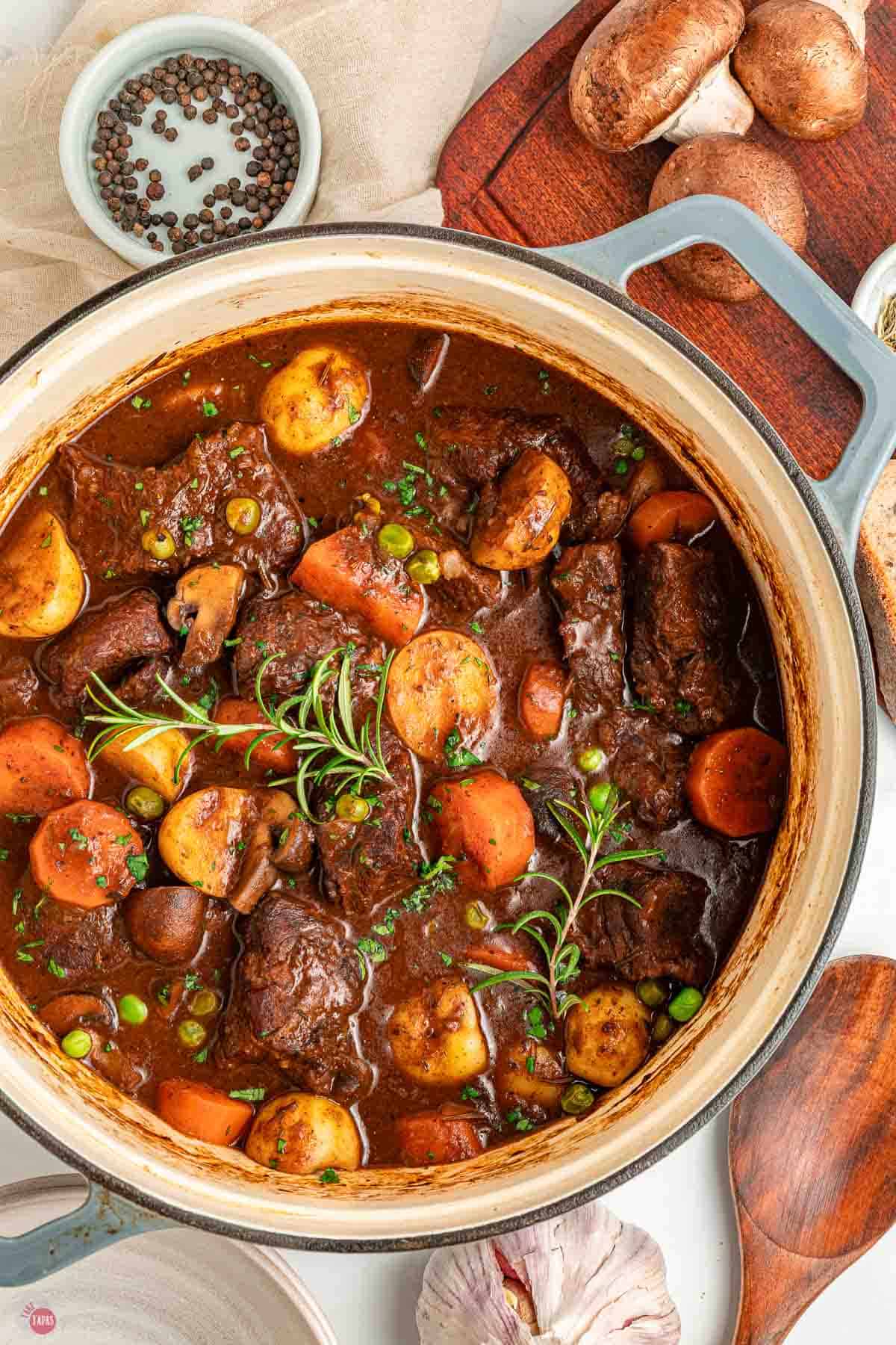 close up of pot of beef stew