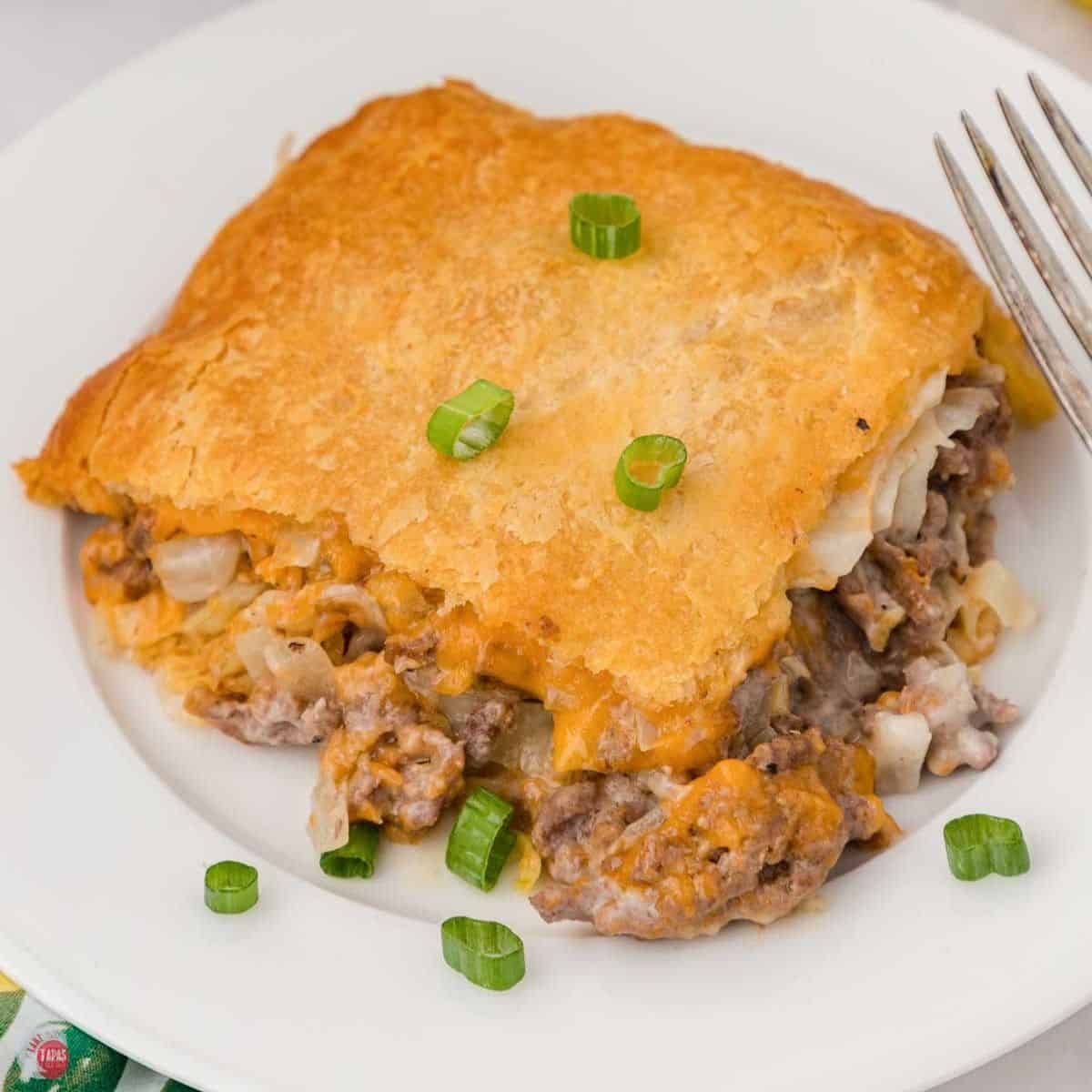 slice of runza casserole on a plate with a fork
