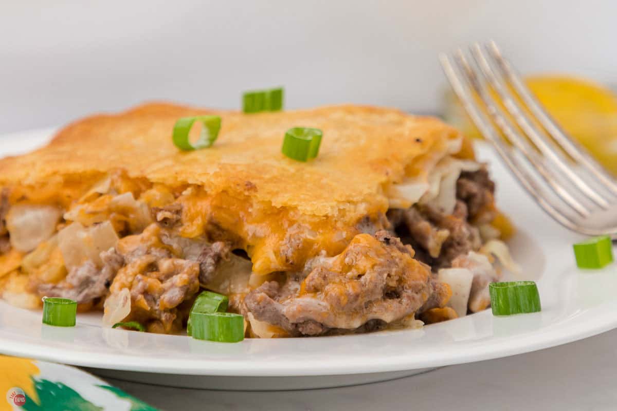 side view of casserole slice on a plate
