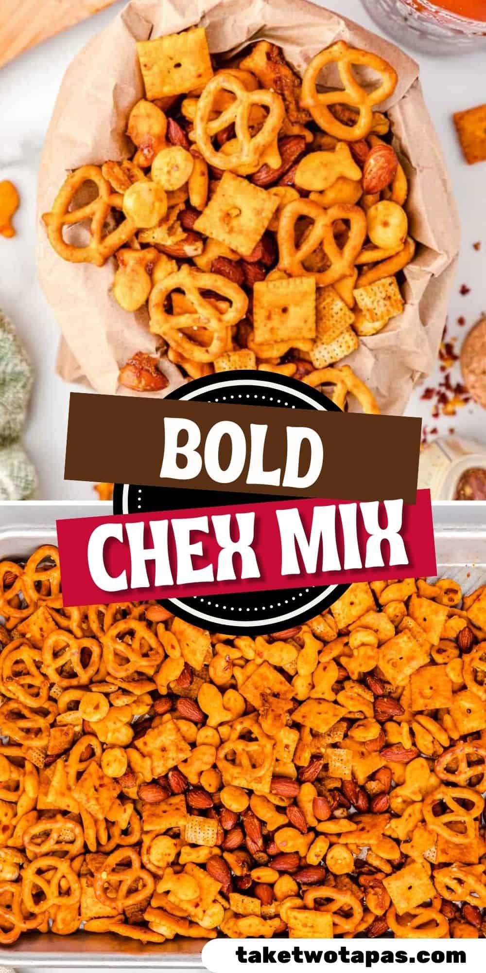 Pinterest pin image for a bold chex mix recipe