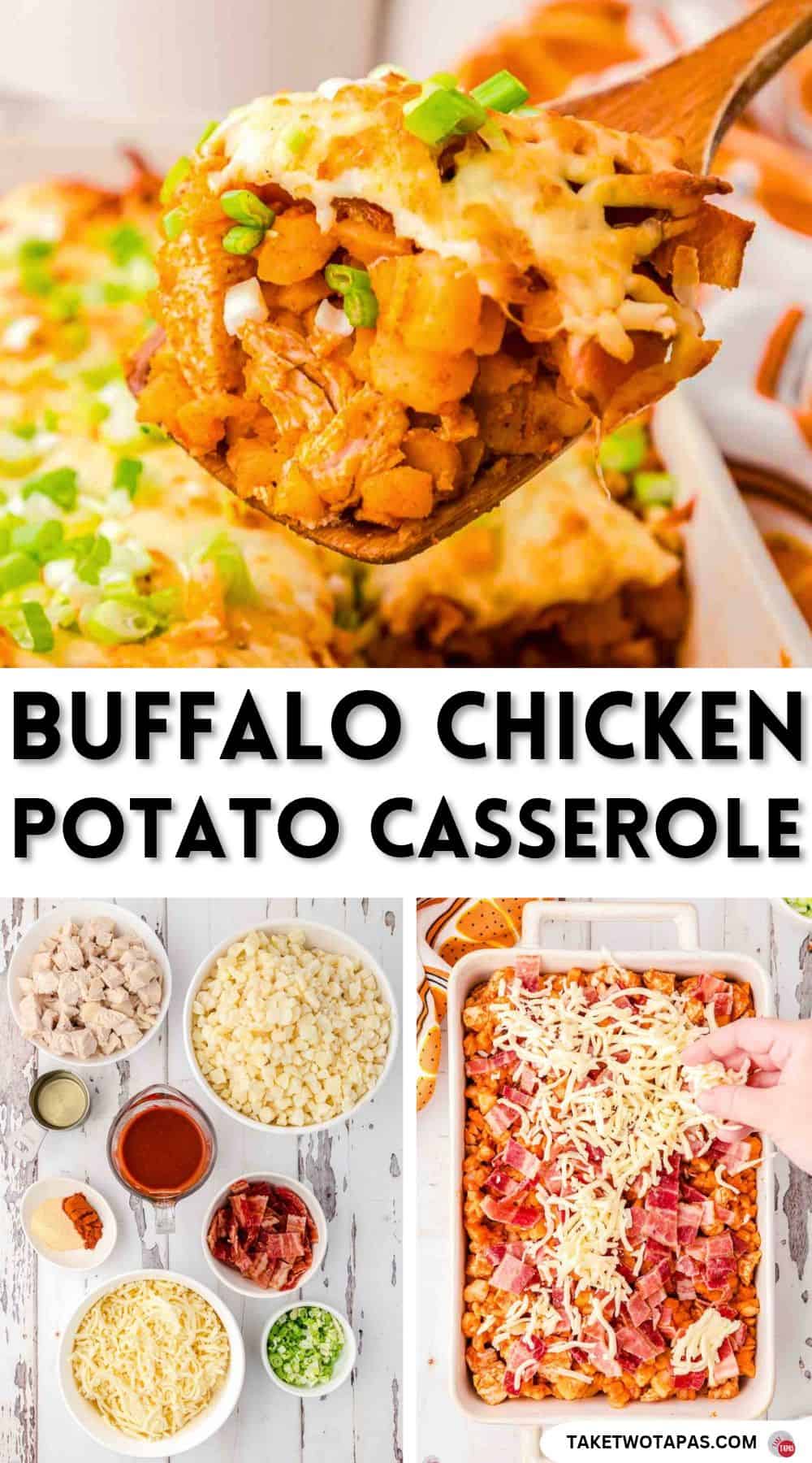 Pinterest pin image for a buffalo chicken potato casserole recipe