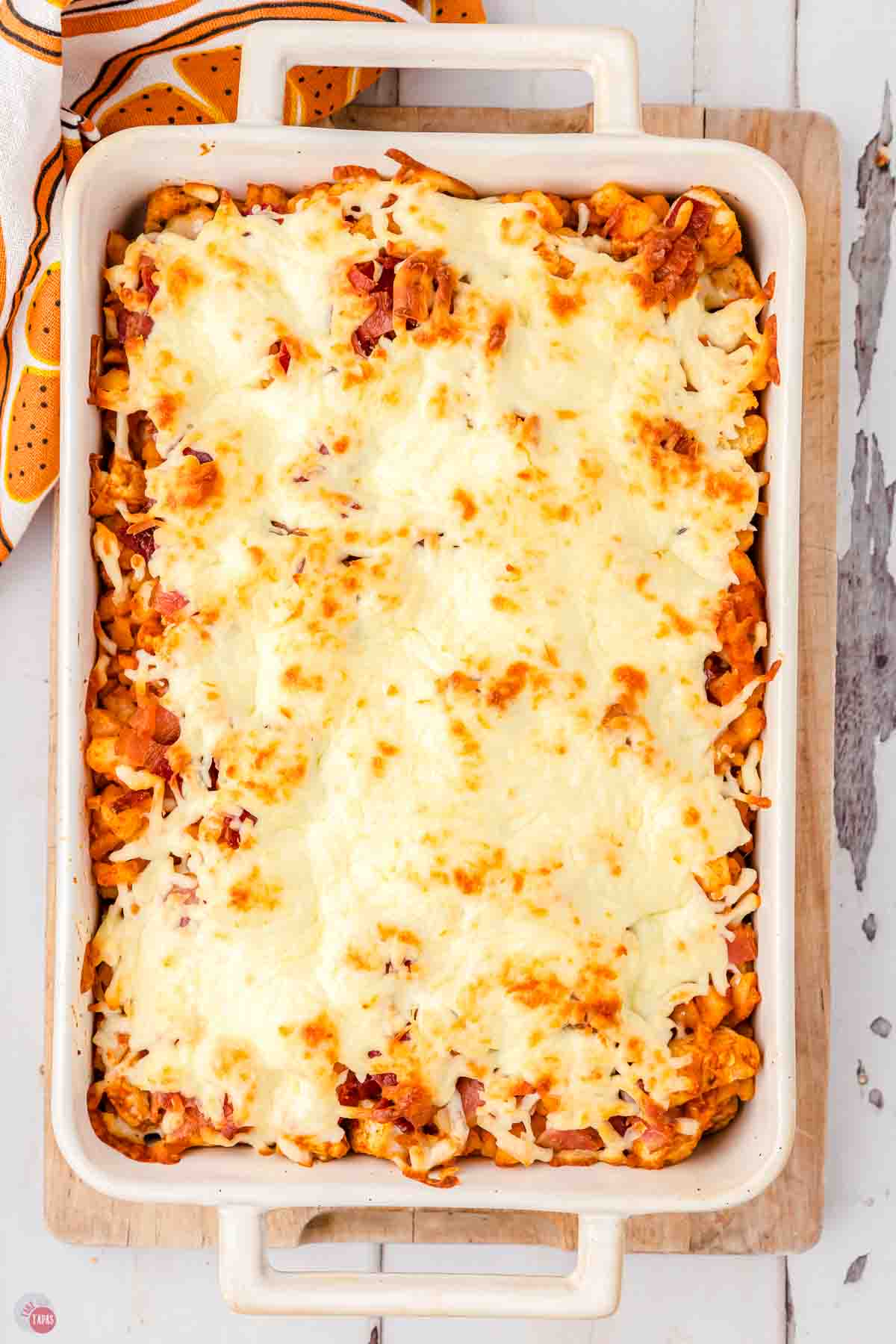baked chicken casserole in a white dish