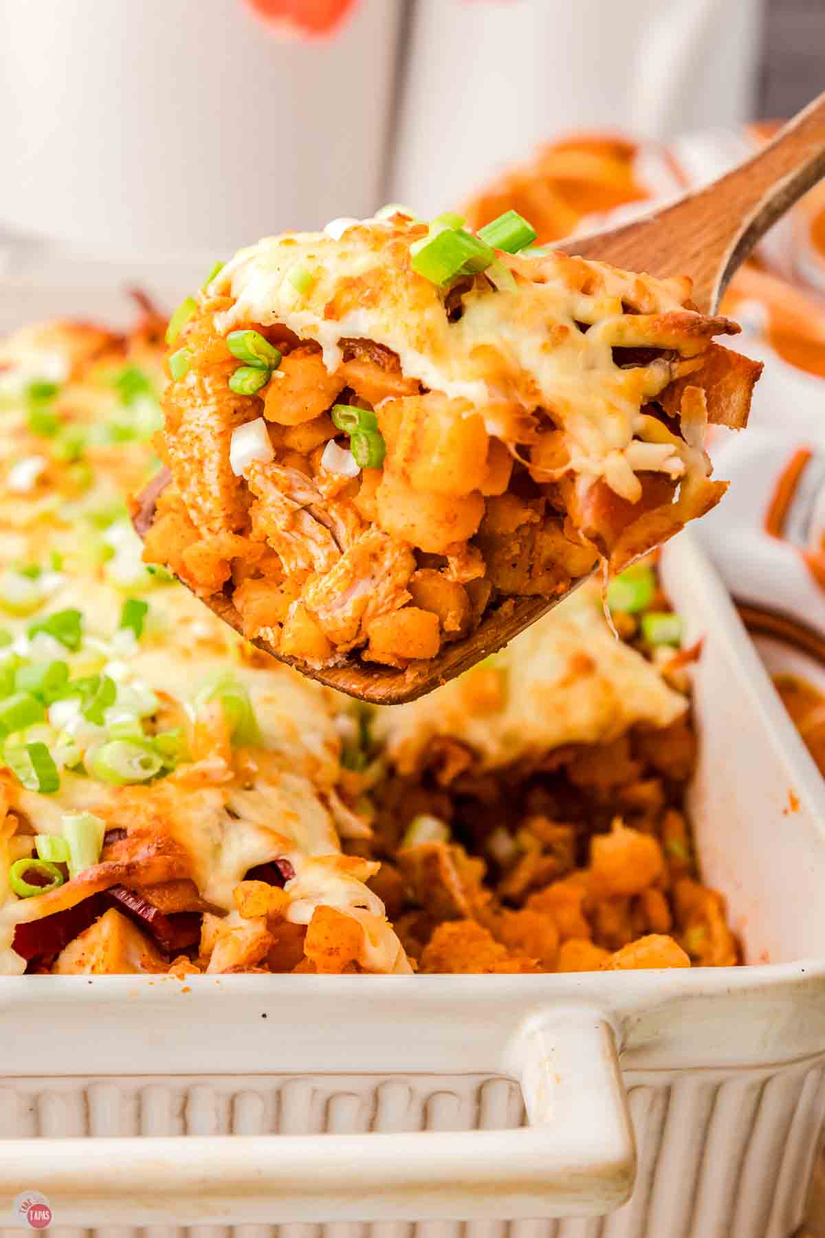 scoop of buffalo chicken potato casserole