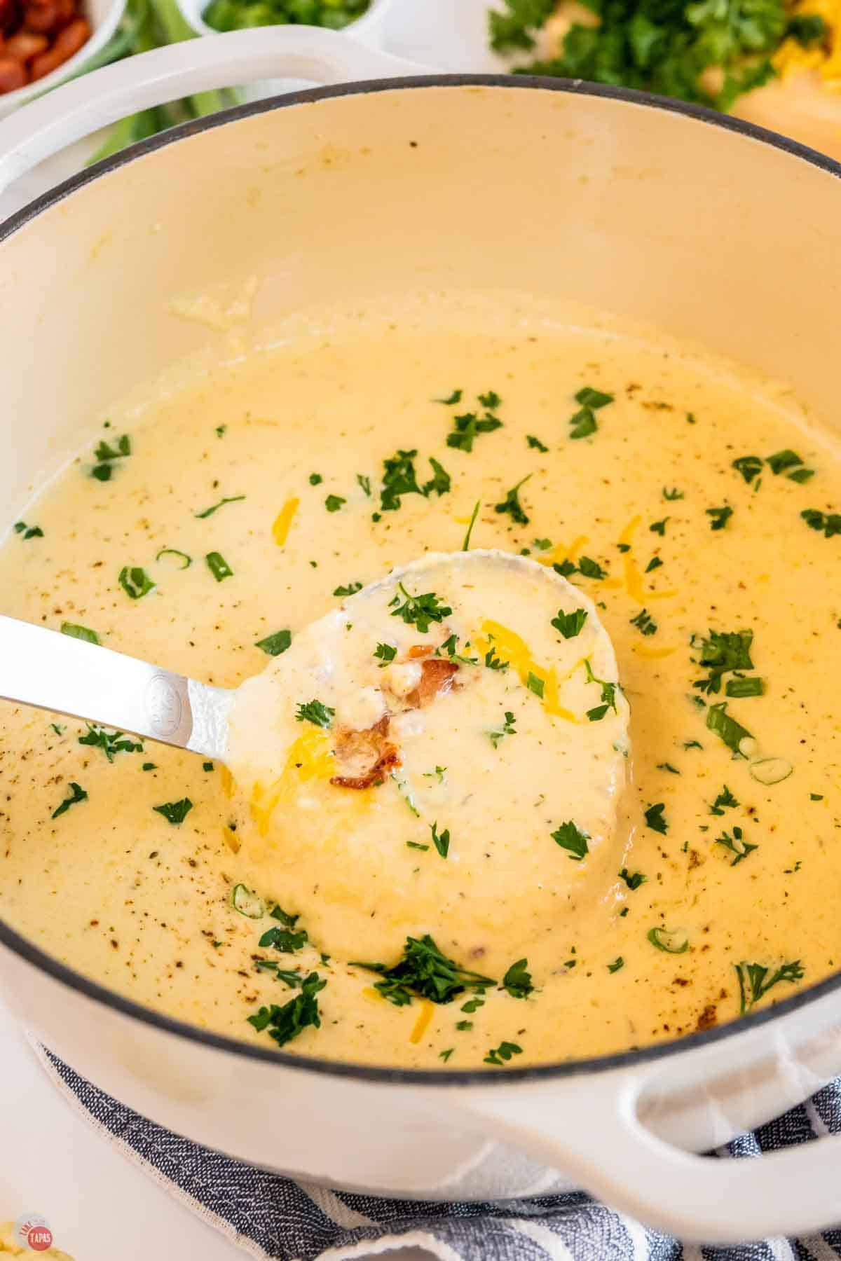 close up of ladle of soup
