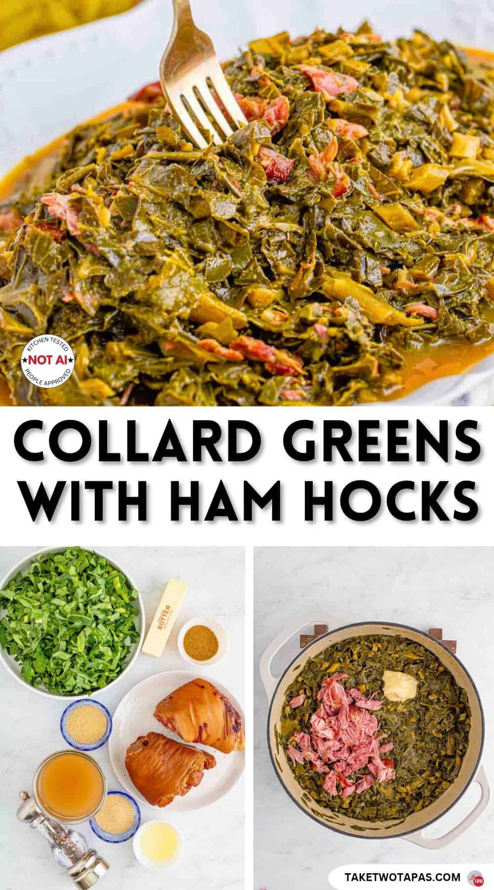 Pinterest pin image for a southern collard greens with ham hocks recipe