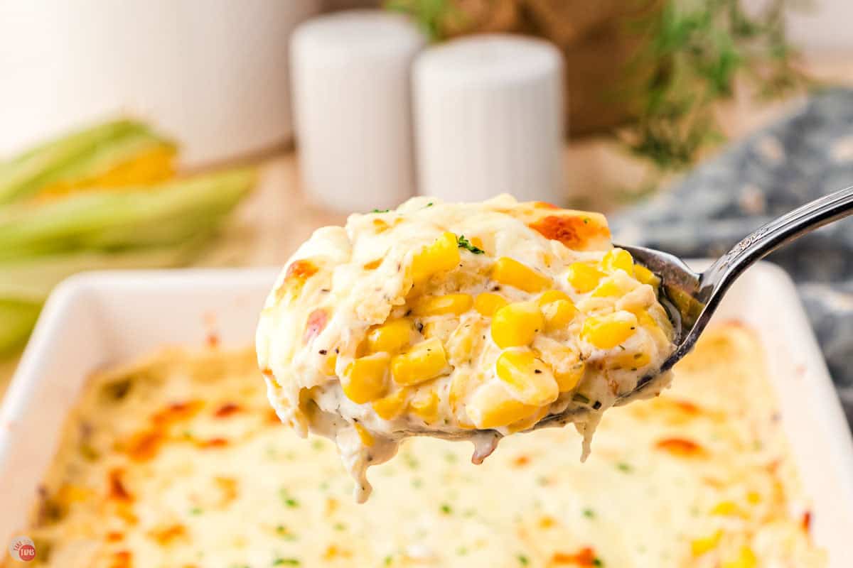 spoon with scoop of corn casserole