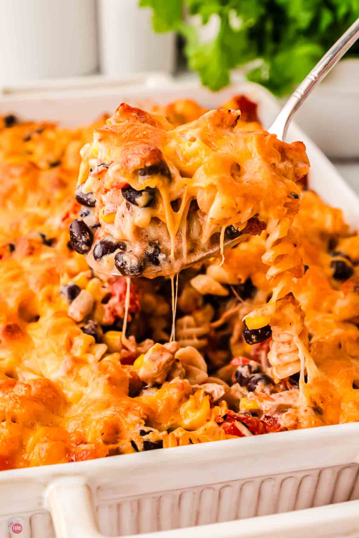 Spoonful of fiesta chicken casserole with melted cheese stretching from the dish