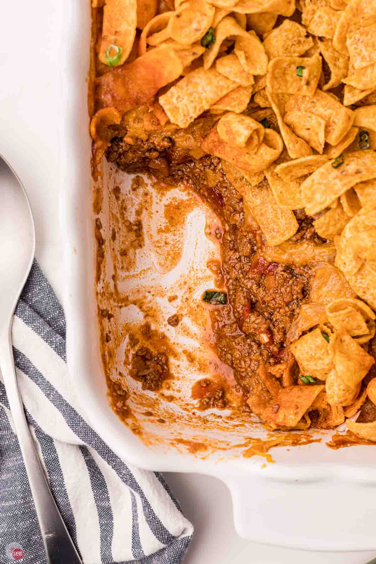 casserole dish with a few scoops removed