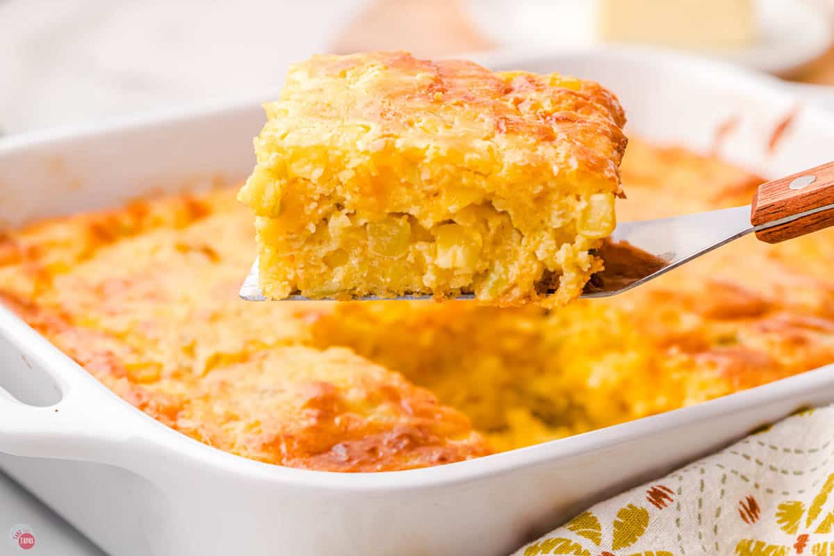 slice of casserole on a spatula